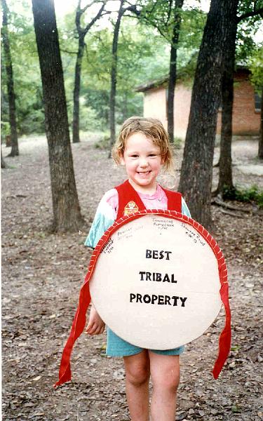 1996 - Indian Princess Opening Campout, Camp Carter, Fort Worth, TX - Stephanie holding the Best Tribal Property shield.jpg - 1996 - Indian Princess Opening Campout, Camp Carter, Fort Worth, TX - Stephanie holding the Best Tribal Property shield
